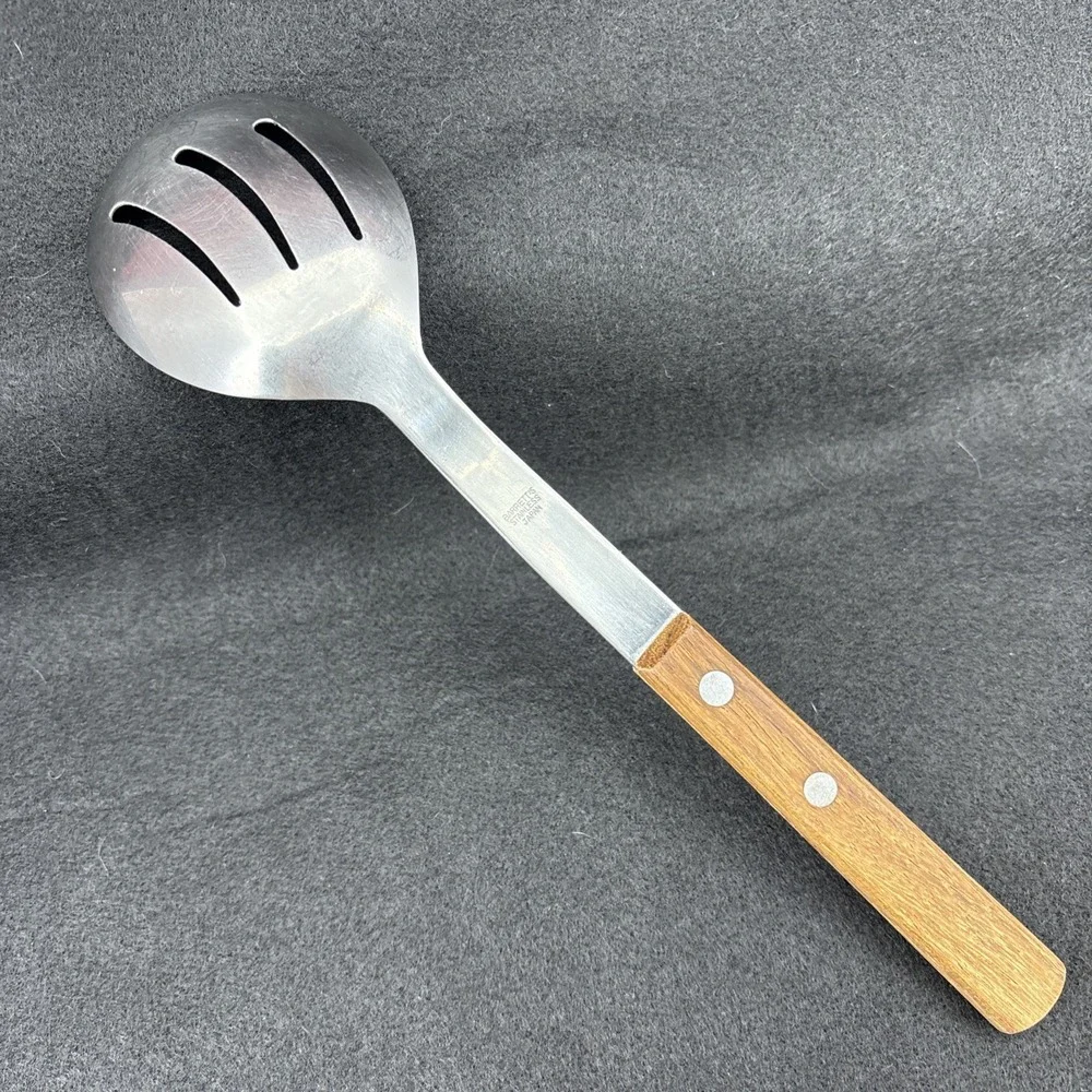 Vintage NO AD Barretts Japan Slotted Stainless Serving Spoon Wood Handle 10